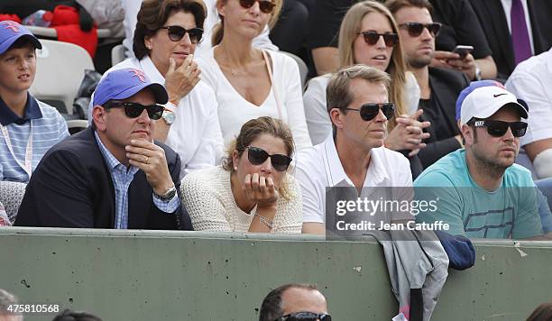 Tony Godsick, Mirka Federer, Stefan Edberg and Severin Luthi attend day 10 of the French Open 2015 at Roland Garros stadium on June 2, 2015 in Paris,...