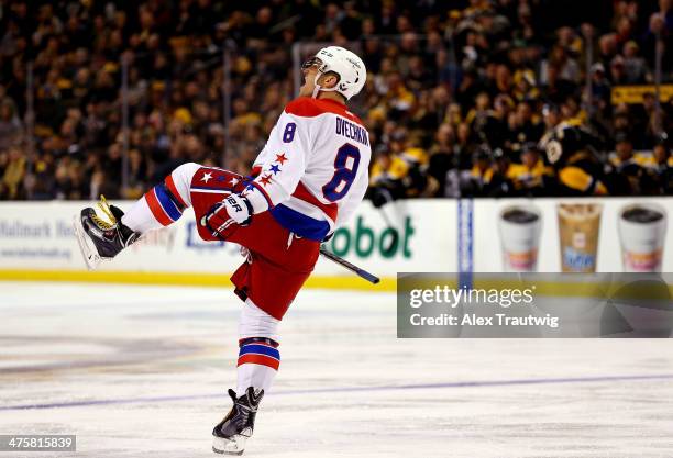 Alex Ovechkin of the Washington Capitals celebrates a second period goal, his second of the game and his 800th career point, against the Boston...