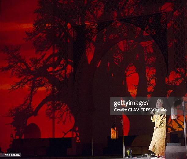 Opening gala of the 21th Sacred Music Festival in Fes, an African griot on Bab-Al-Makina place on May 22, 2015.