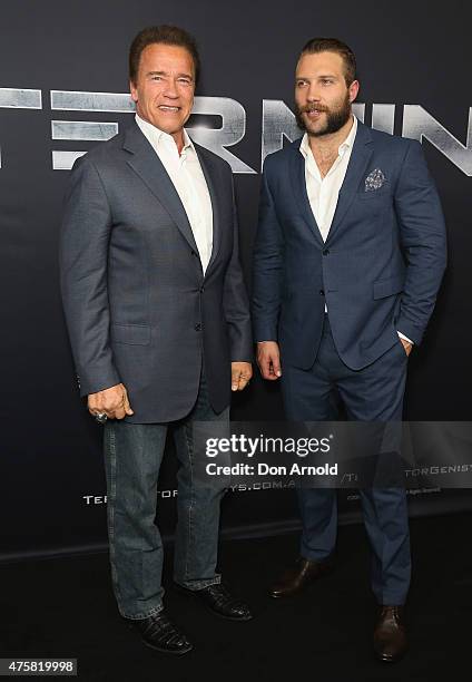 Arnold Schwarzenegger and Jai Courtney attend the Australia Screening of 'Terminator Genisys' at the Event Cinemas on June 4, 2015 in Sydney,...