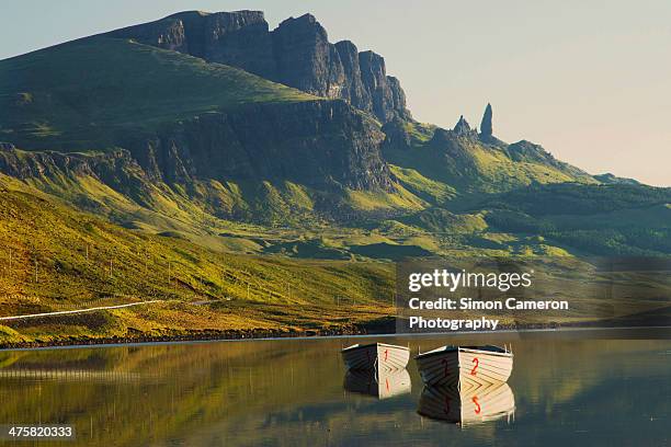 storr lochs boats - old man of storr stock pictures, royalty-free photos & images