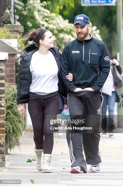 Charlotte Riley and Tom Hardy are seen taking a stroll in London on June 2, 2015 in London, England.