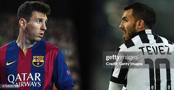 In this composite image a comparison has been made between Lionel Messi of FC Barcelona and Carlos Tevez of Juventus FC. Juventus and FC Barcelona...