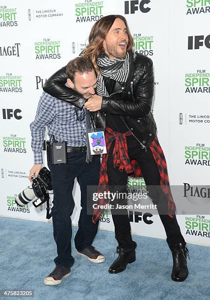 Photographer Jeff Vespa and Jared Leto attend the 2014 Film Independent Spirit Awards at Santa Monica Beach on March 1, 2014 in Santa Monica,...