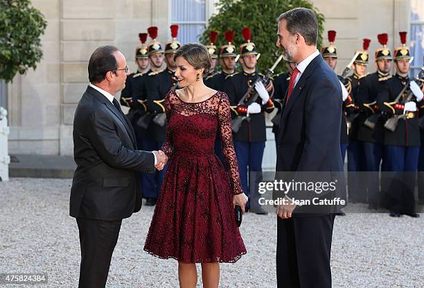 President of France François Hollande welcomes Her Majesty The Queen Letizia of Spain and His Majesty The King Felipe VI of Spain at the State Dinner...