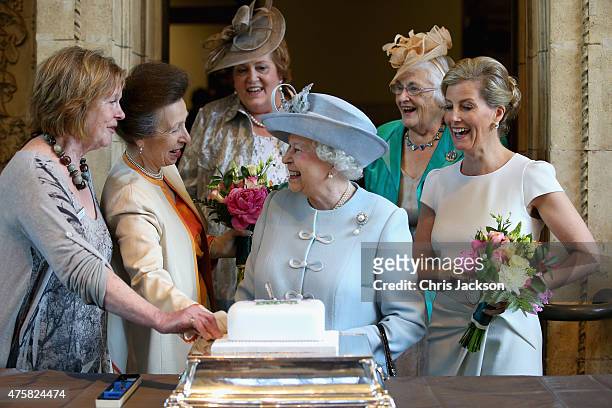 Sophie, Countess of Wessex and Princess Anne, Princess Royal look on as Queen Elizabeth II cuts a Women's Institute Celebrating 100 Years cake at the...