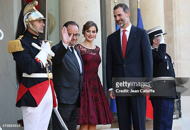 President of France François Hollande welcomes Her Majesty The Queen Letizia of Spain and His Majesty The King Felipe VI of Spain at the State Dinner...