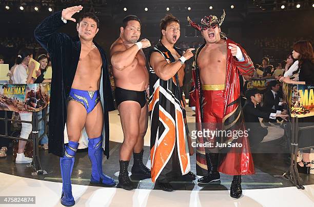 Pro wrestlers Hiroyoshi Tenzan, Yuji Nagata, Nakanishi Manabu and Satoshi Kojima attend the 'Mad Max: Fury Road' Japan premiere at Tokyo Dome City...