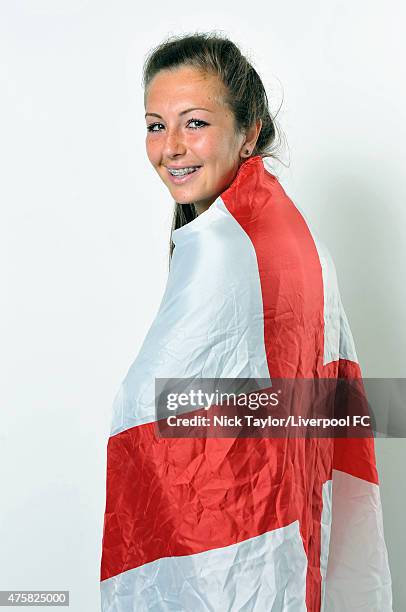 Katie Zelem of England and Liverpool Ladies poses during the Liverpool Ladies Women's World Cup photocall at Stobart Stadium Halton on May 7, 2015 in...