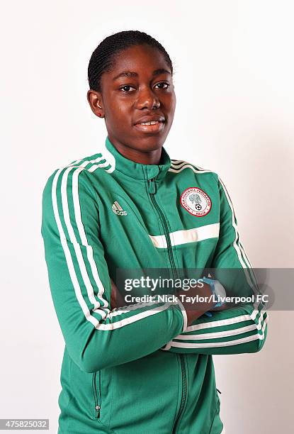 Asisat Oshoala of Nigeria and Liverpool Ladies poses during the Liverpool Ladies Women's World Cup photocall at Stobart Stadium Halton on May 7, 2015...