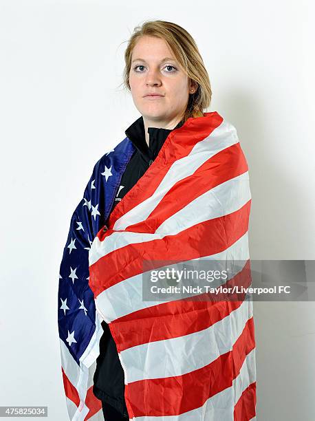 Libby Stout of USA and Liverpool Ladies poses during the Liverpool Ladies Women's World Cup photocall at Stobart Stadium Halton on May 7, 2015 in...
