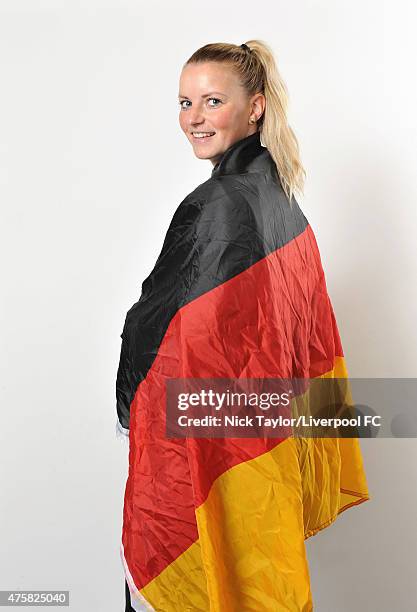 Corina Schroder of Germany and Liverpool Ladies poses during the Liverpool Ladies Women's World Cup photocall at Stobart Stadium Halton on May 7,...