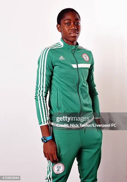 Asisat Oshoala of Nigeria and Liverpool Ladies poses during the Liverpool Ladies Women's World Cup photocall at Stobart Stadium Halton on May 7, 2015...