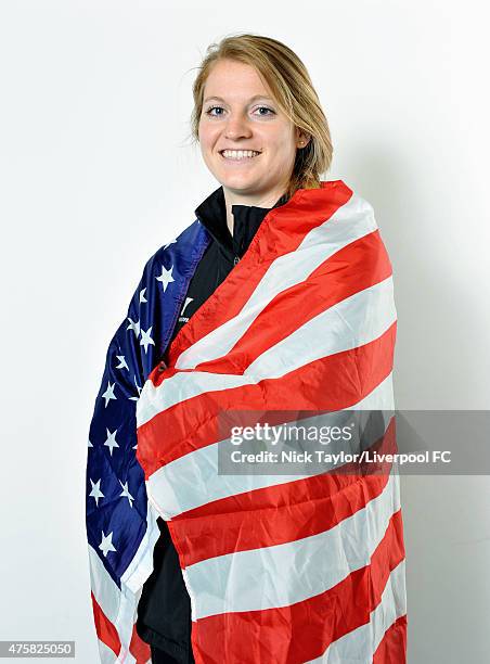 Libby Stout of USA and Liverpool Ladies poses during the Liverpool Ladies Women's World Cup photocall at Stobart Stadium Halton on May 7, 2015 in...