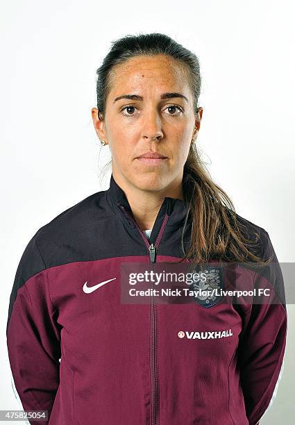 Fara Williams of England and Liverpool Ladies poses during the Liverpool Ladies Women's World Cup photocall at Stobart Stadium Halton on May 7, 2015...