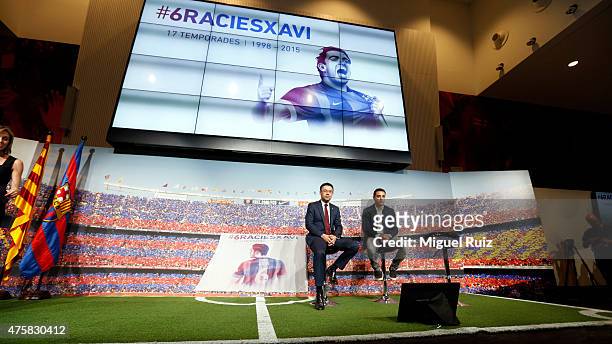 Xavi Hernandez and Club President Josep Maria Bartomeu address club members and the media at 'FC Barcelona Homage to Xavi' ahead of his final game...