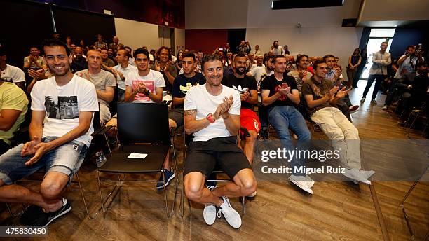 Head Coach Luis Enrique and the FC Barcelona players attend 'FC Barcelona Homage to Xavi' press conference ahead of his final game for the club at...