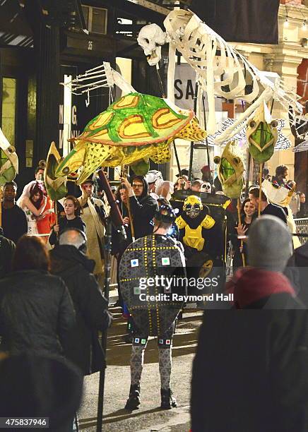 Actor Noel Fisher and Transformer Car Bumble Bee are seen on the set of "Teenage Mutant Ninja Turtles 2 Half Shell in Chian Town on June 3, 2015 in...