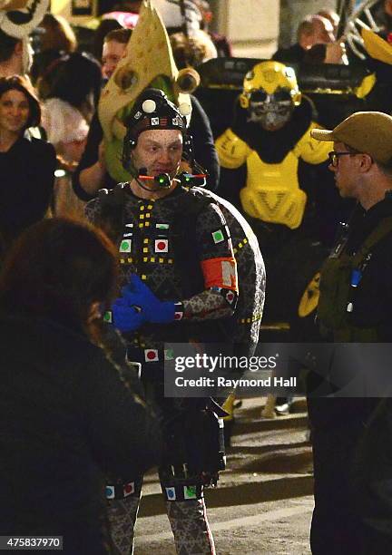 Actor Noel Fisher and Transformer Car Bumble Bee are seen on the set of "Teenage Mutant Ninja Turtles 2 Half Shell in Chian Town on June 3, 2015 in...