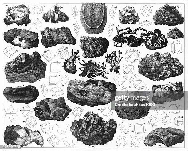 minerals and their crystalline forms engraving - mercury metal stock illustrations