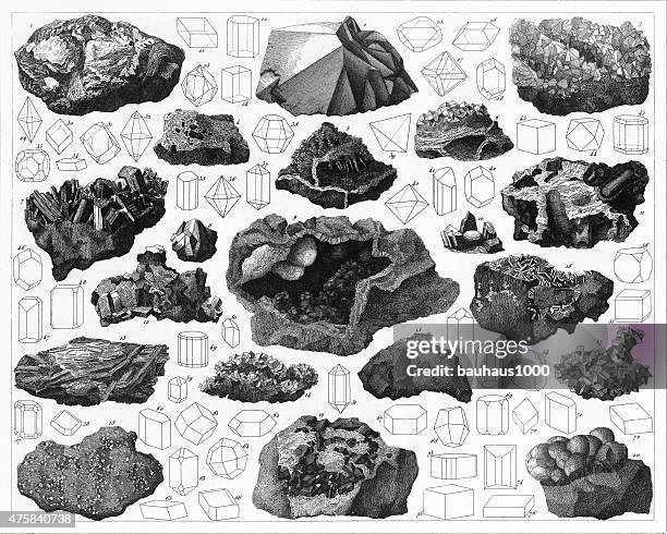 minerals and their crystalline forms engraving - aluminum beryllium silicate stock illustrations