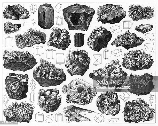 minerals and their crystalline forms engraving - topaz stock illustrations
