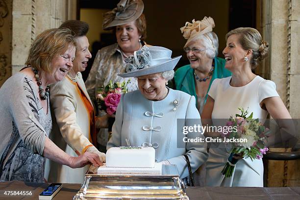 Sophie, Countess of Wessex and Princess Anne, Princess Royal look on as Queen Elizabeth II cuts a Women's Institute Celebrating 100 Years cake at the...