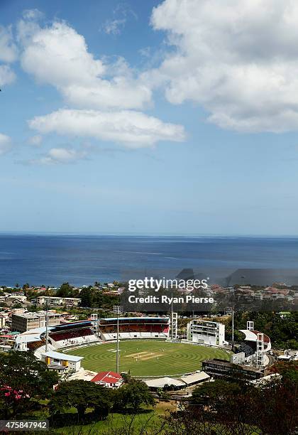 General view of play during day two of the First Test match between Australia and the West Indies at Windsor Park on June 4, 2015 in Roseau, Dominica.