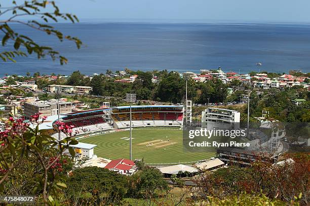 General view of play during day two of the First Test match between Australia and the West Indies at Windsor Park on June 4, 2015 in Roseau, Dominica.