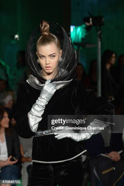 Lindsey Wixson walks the runway during the Jean Paul Gaultier show as part of the Paris Fashion Week Womenswear Fall/Winter 2014-2015 on March 1,...