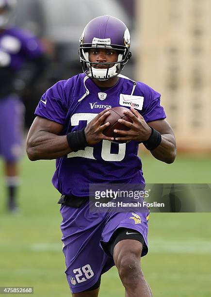 Adrian Peterson of the Minnesota Vikings runs a drill during practice on June 4, 2015 at Winter Park in Eden Prairie, Minnesota.