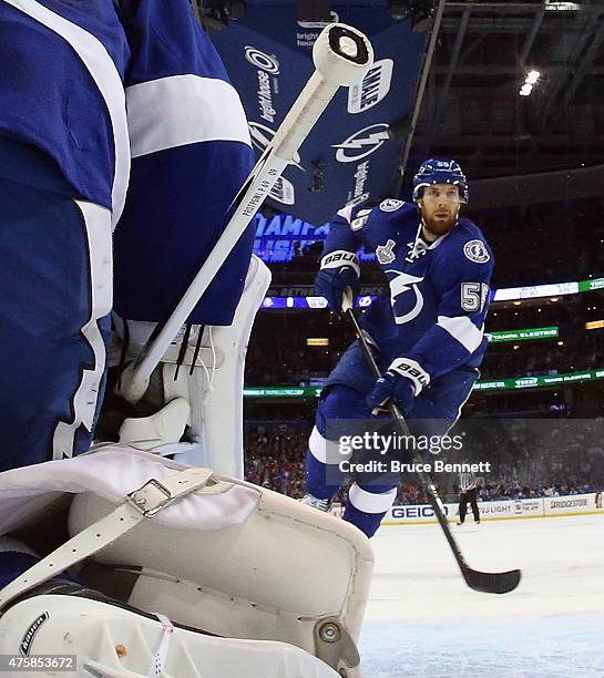 Braydon Coburn of the Tampa Bay Lightning skates against the Chicago Blackhawks during Game One of the 2015 NHL Stanley Cup Final at Amalie Arena on...