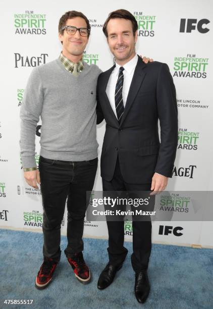 Andy Samberg and Will Forte attend the 2014 Film Independent Spirit Awards at Santa Monica Beach on March 1, 2014 in Santa Monica, California.