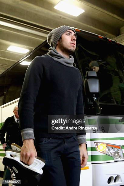 Mika Zibanejad of the Ottawa Senators arrives for practice for the 2014 Tim Hortons NHL Heritage Classic game against the Vancouver Canucks at BC...