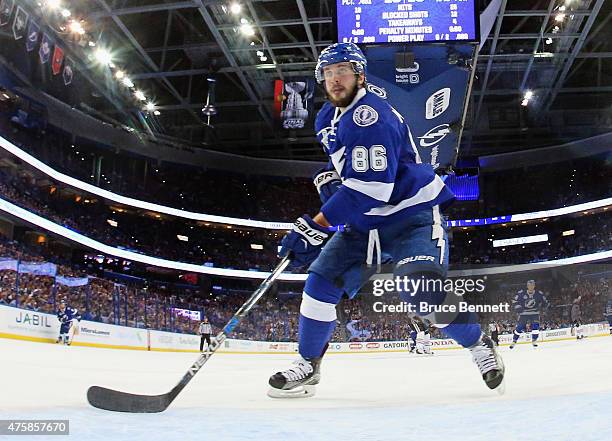 Nikita Kucherov of the Tampa Bay Lightning skates against the Chicago Blackhawks during Game One of the 2015 NHL Stanley Cup Final at Amalie Arena on...