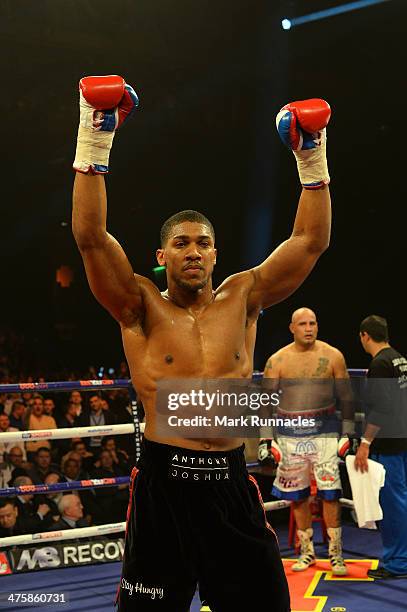 Anthony Joshua celebrates his win over Hecto Avila during an undercard bout at the WBO World Lightweight Championship Boxing match at the Glasgow...