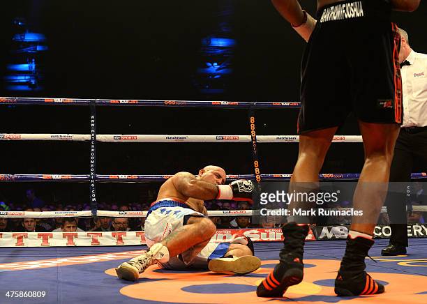 Hector Avila receives a count after being knocked dow by Anthony Joshua during an undercard bout at the WBO World Lightweight Championship Boxing...
