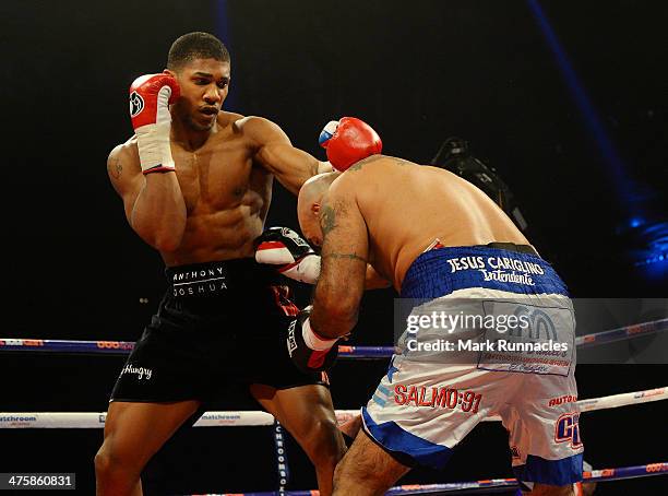 Anthony Joshua clashes with Hector Avila during an undercard bout at the WBO World Lightweight Championship Boxing match at the Glasgow SECC on March...