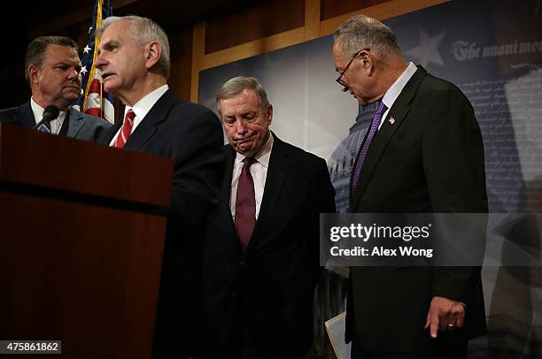 Sen. Charles Schumer , Senate Minority Whip Sen. Richard Durbin , Sen. Jack Reed , and Sen. Jon Tester participate in a news conference June 4, 2015...