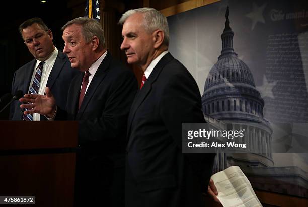 Senate Minority Whip Sen. Richard Durbin , Sen. Jack Reed , and Sen. Jon Tester participate in a news conference June 4, 2015 on Capitol Hill in...