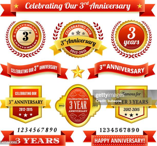 threee year anniversary royalty free vector background with golden badges - three year stock illustrations