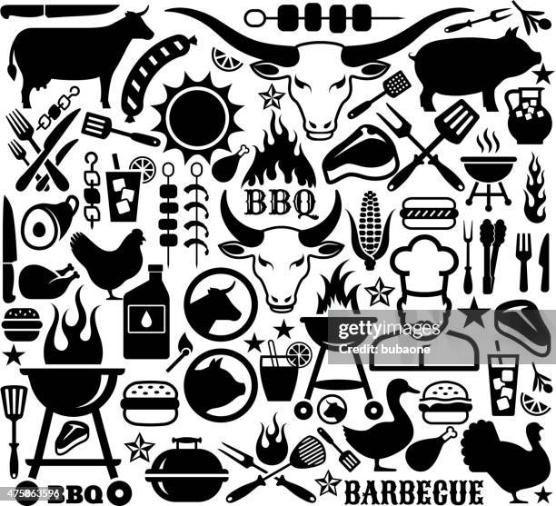 collection of illustrations and icons with barbecue symbols. - cooking chicken stock illustrations