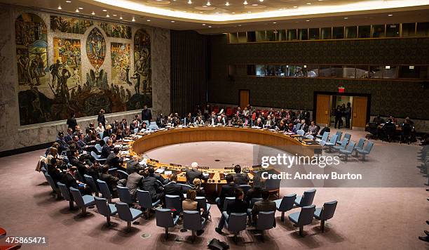 United Nations Security Council meeting takes place on March 1, 2014 in New York City. Russia's upper parliament approved military action in Ukraine...