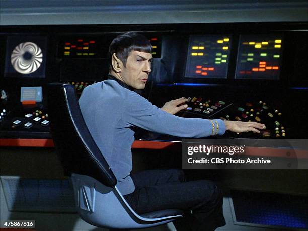Leonard Nimoy as Commander Spock on the ship's bridge in the Star Trek: The Original Series episode "Space Seed." Original air date February 16,...