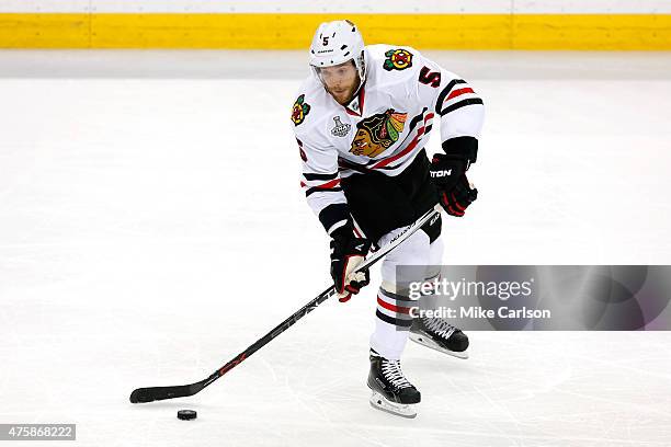 David Rundblad of the Chicago Blackhawks in action against the Tampa Bay Lightning during Game One of the 2015 NHL Stanley Cup Final at Amalie Arena...