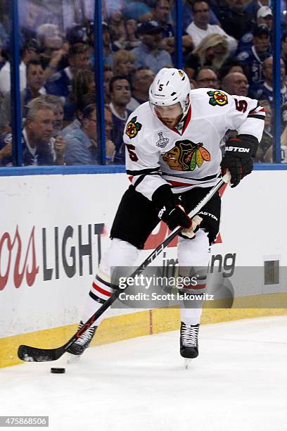 David Rundblad of the Chicago Blackhawks in action against the Tampa Bay Lightning during Game One of the 2015 NHL Stanley Cup Final at Amalie Arena...