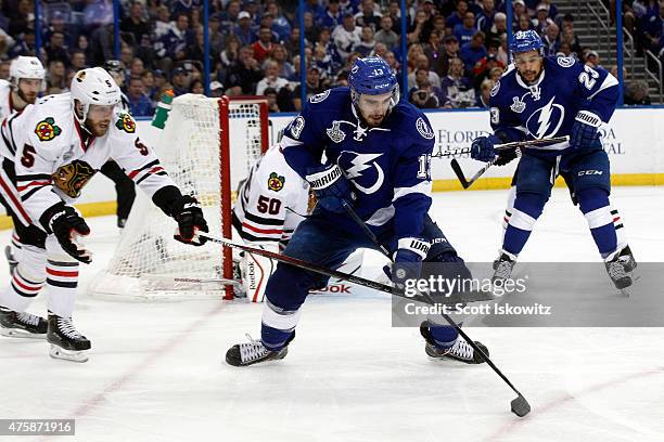 Cedric Paquette of the Tampa Bay Lightning in action against David Rundblad of the Chicago Blackhawks during Game One of the 2015 NHL Stanley Cup...