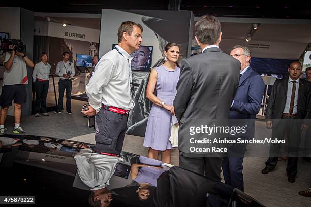 In this handout image provided by the Volvo Ocean Race, Crown Princess Victoria of Sweden visits the Volvo Pavilion in the Lisbon Race Village with...