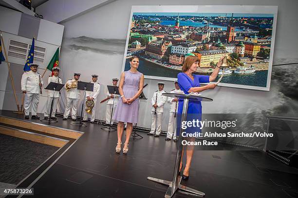 In this handout image provided by the Volvo Ocean Race, Crown Princess Victoria of Sweden visits the Volvo Pavilion in the Lisbon Race Village with...