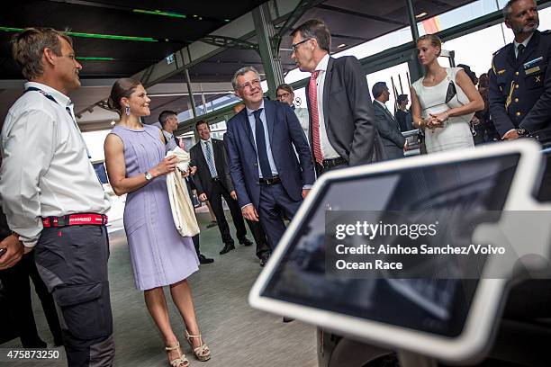 In this handout image provided by the Volvo Ocean Race, Crown Princess Victoria of Sweden visits the Volvo Pavilion in the Lisbon Race Village with...